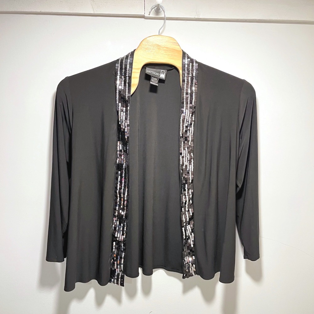 Antthony Original Black Sequin Trim Open Front Cardigan Plus Size 2X Style 1872